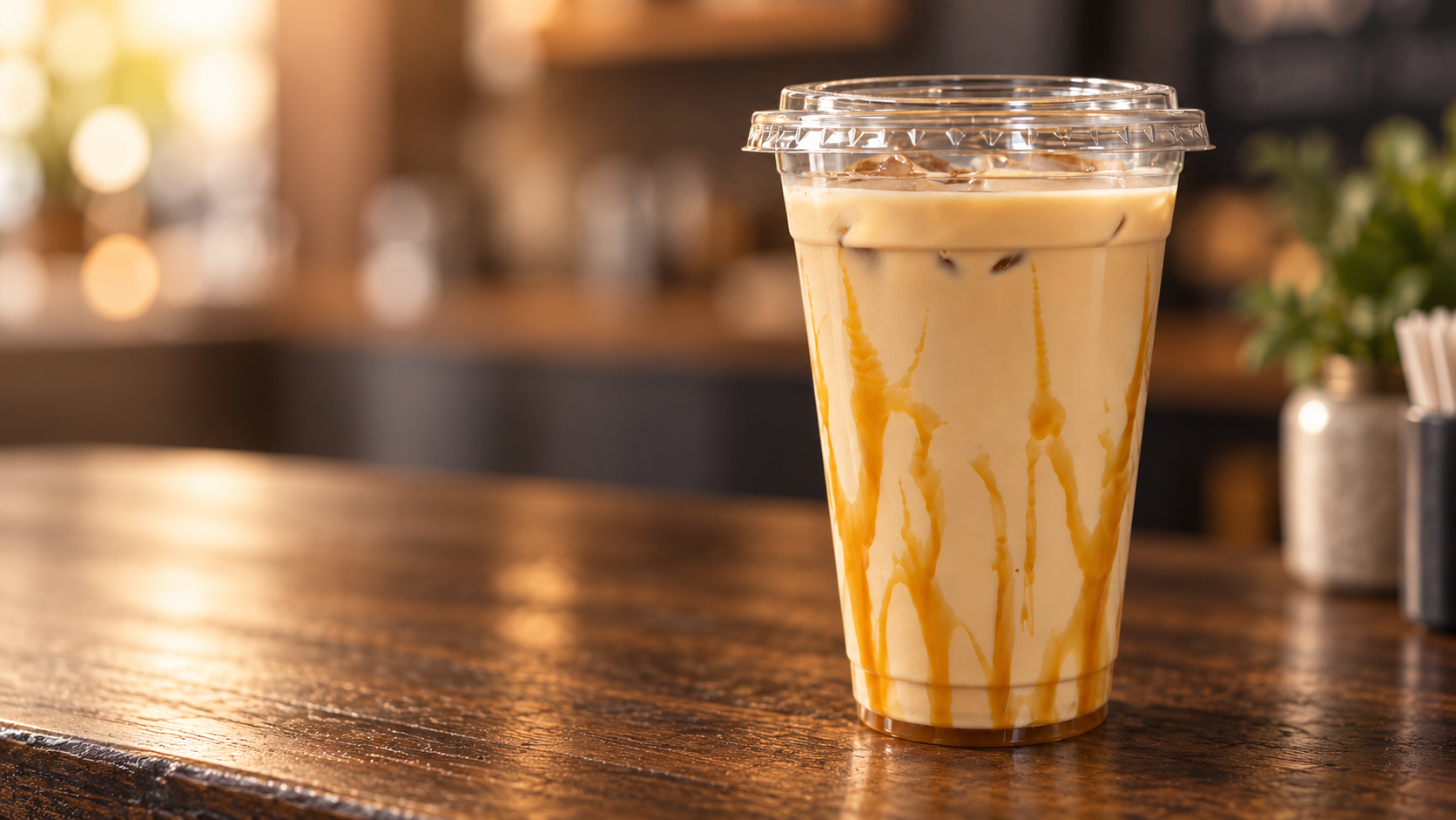 Caramel iced coffee on a warm café counter