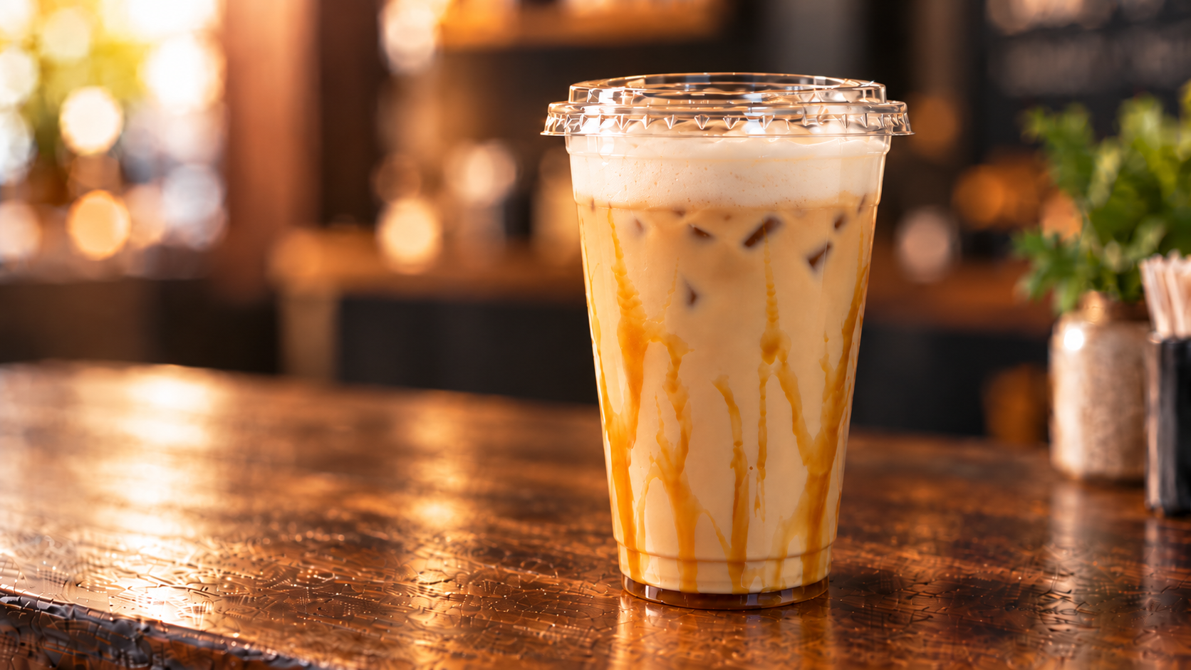 Elite Gold signature iced coffee with caramel drizzle in a clear cup on a warm, cozy café counter